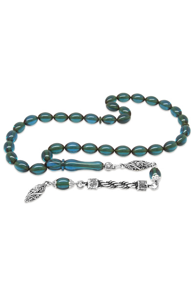 Tesbihane Kararmaz Metal Halat Püsküllü Arpa Kesim Turkuaz Ateş Kehribar Tesbih