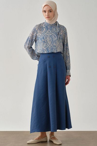 Tuğba Button Detailed Skirt with Pockets - Indigo