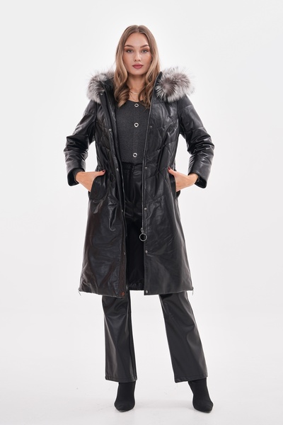 Metins Leather Kadın Çıkarılabilir Kapüşonlu Kürk Yakalı Siyah Hakiki Deri Ka...