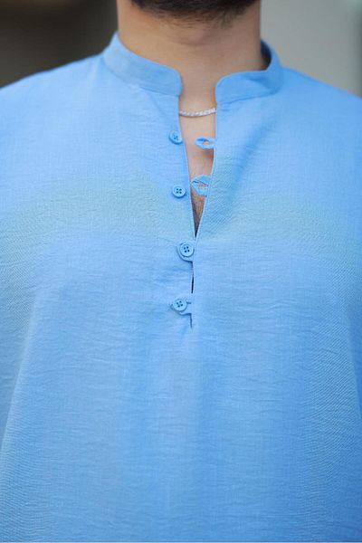 Valiberta Oversize Half Placket Bamboo Short Sleeve Shirt - Light Blue