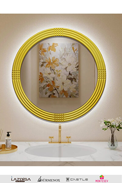 MONTESEV Led'li Işıklı Safir Ahşap Gold Dekoratif Ayna Yuvarlak Ayna Işlemeli Duvar Aynası Tekli - 56 Cm