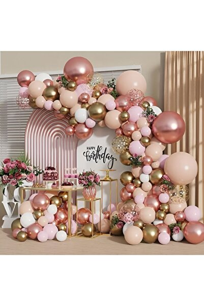 Parti Setim Macaron Pink / Milk Coffee / White / Gold Chrome / Rosegold Chrome 100-Piece Luxury Balloon Chain Set