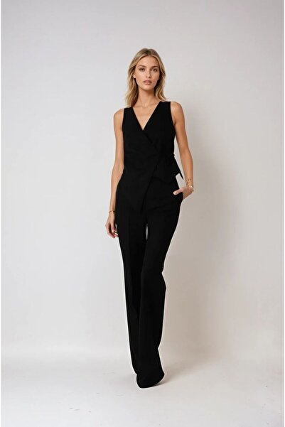 FABB Set de bluză neagră cu cravată încrucișată și pantaloni cu picioare evazate