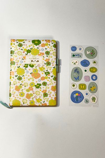 caps office 200 Sheets Floral Pattern Notebook & Embossed Letter Journal Laptop Scrapbook Tablet Sticker Set