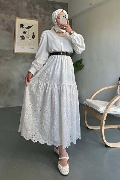 benguen İncili Brode Etek Beyaz 1395