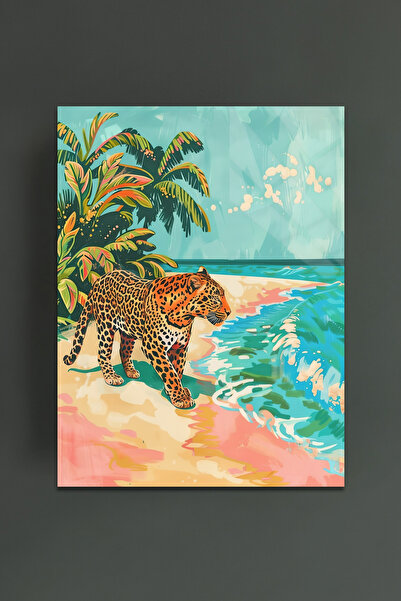glassartdesign Pictură pe sticlă leopard pe plajă Pictură modernă pe sticlă P...