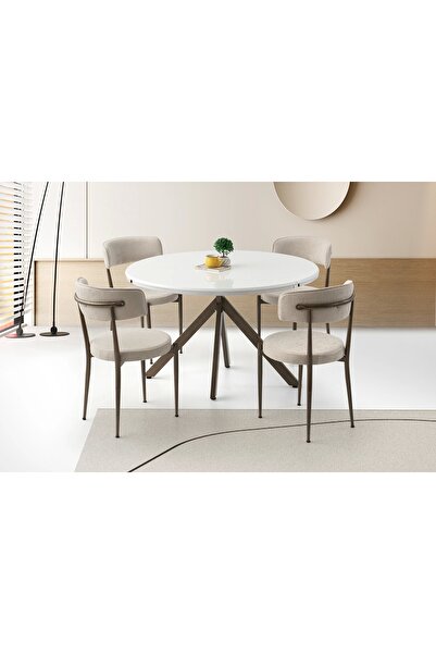 Evistro Ahşap Yuvarlak Açılır Büyüyen Yemek Masa Sandalye Takımı 4 Gözde Sandalyeli Parlak Beyaz