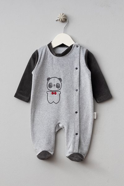 Bebitof Cute Bow Tie Panda Patterned Cotton Baby Velvet Jumpsuit
