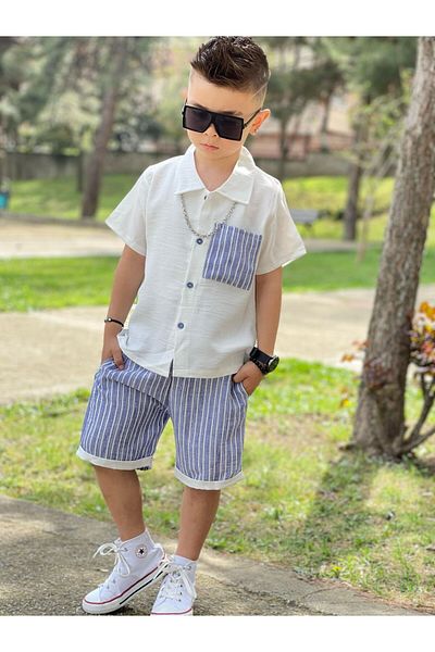 Yalçınoğlu Kids Nyári fiúkészlet - ing + rövidnadrág kombináció - menő nyári fiúkészlet - rugalmas szövet -