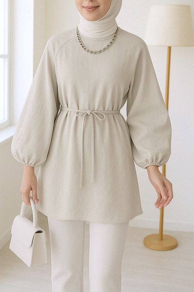 Modamorfo Round Neck Waist Lace up Balloon Sleeve Tunic - Stone