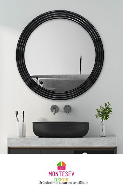 MONTESEV Zümrüt Siyah Dekoratif Ayna Yuvarlak Ayna Işlemeli Ahşap Duvar Aynası Ikili / 56 - 43 Cm