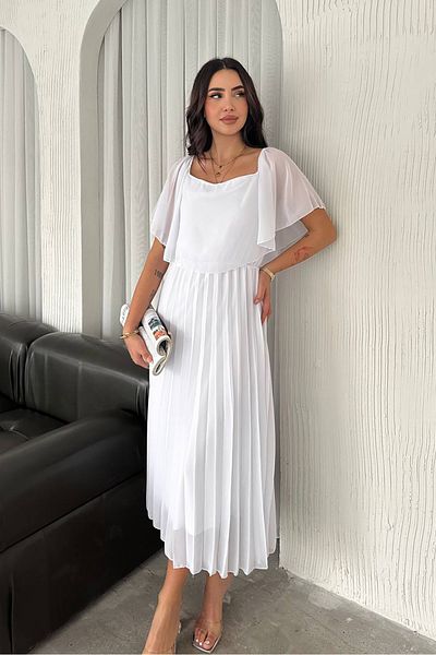 Neşeli Butik Women White Pleated Midi Length Chiffon Dress Nbk4102