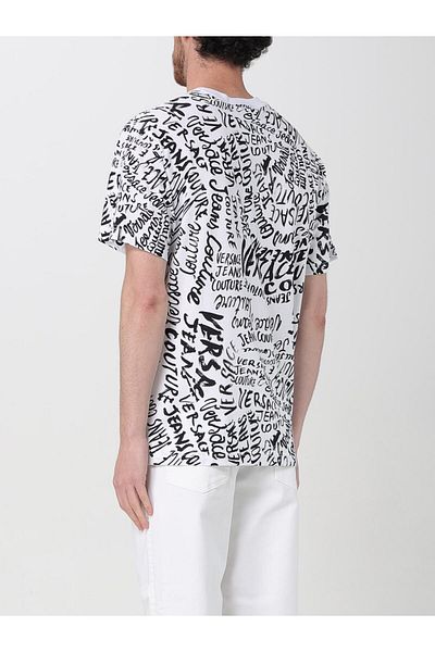 Versace تي شيرت رجالي برقبة دائرية وشعار مطبوع وأكمام قصيرة أبيض-أسود 78GAH6R0JS440-L02