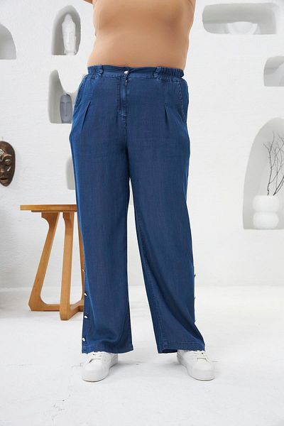 RMG Plus Size Blue Tnsel Trousers - Buttoned Leg and Detailed Elastic Waist