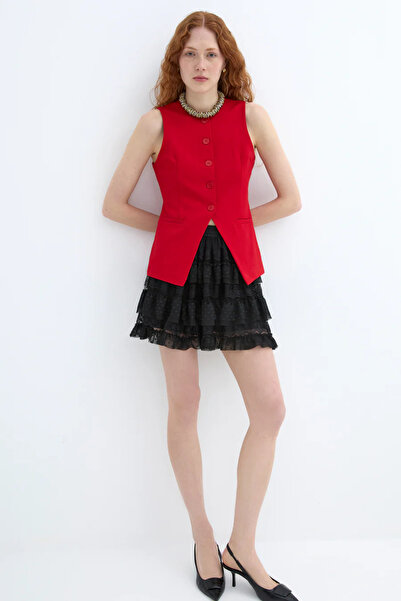 TUĞBALİ Düğmeli V Kesim Kolsuz Yelek Kırmızı