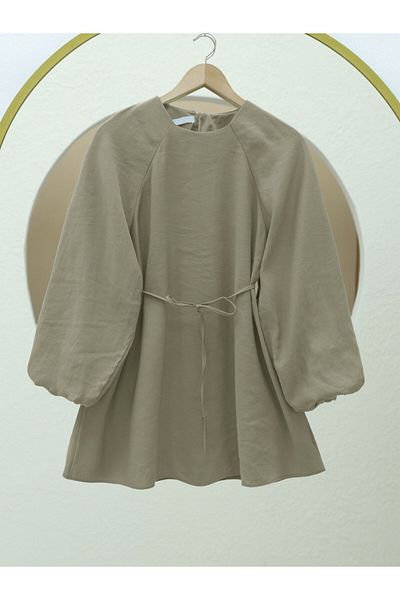 Modamorfo Round Neck Waist Lace up Balloon Sleeve Tunic - Olive