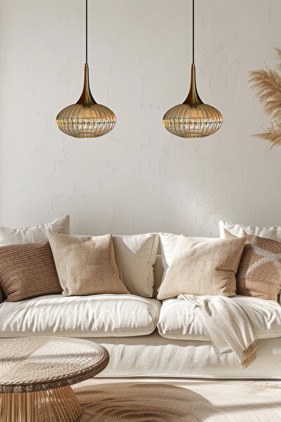 Bamyum Elegant Cam Bal Rengi İkili Avize Eskitme Külah Başlık Sarkıt Lamba Restoran Salon Aydınlatma