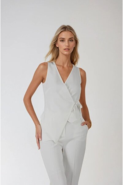 FABB طقم بلوزة بيضاء متقاطعة وبنطلون واسع الساق إسباني