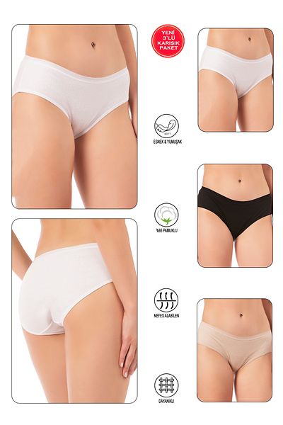 ÖZKAN underwear Özkan 27152 3 Pack Women's Cotton Lycra Ribbed Flexible Comfortable High Waist Bato Panties