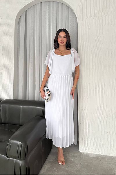 Neşeli Butik Women White Pleated Midi Length Chiffon Dress Nbk4102
