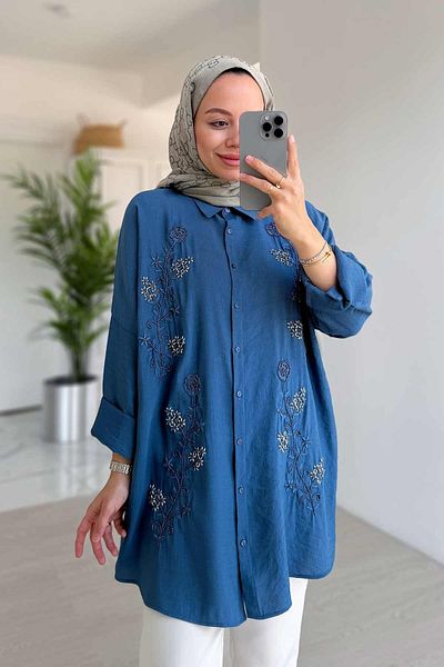 Ka Hijab Πουκάμισο Indigo Royal Bead Embroidery