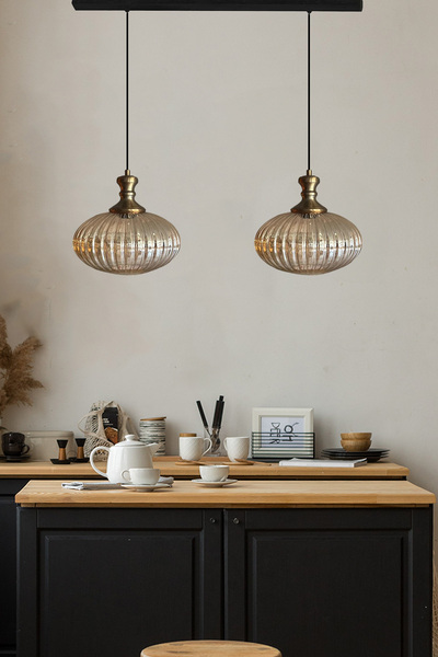 Bamyum Elegant Cam Bal Rengi İkili Avize Eskitme Tokmak Başlık Sarkıt Lamba R...