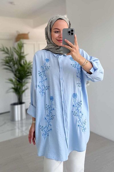 Ka Hijab Cămașă cu mărgele trandafir albastru