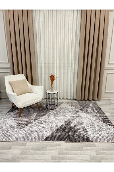 Brillant Bej Renk Geometrik Desen Kaymaz Taban Yolluk Halı