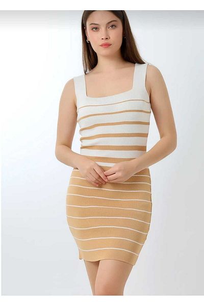 H&S STORE Body Fitted Thick Strap Square Neck Striped Seasonal Stylish and Comfortable Milky Brown Dress