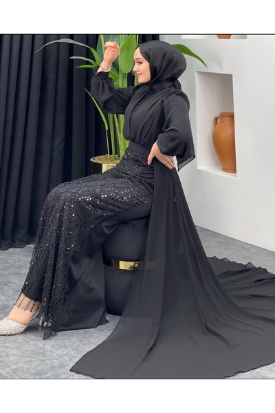 GÜZELLER Balık Model Pelerinli Şifon Boncuk İşlemeli Söz İsteme Nişan Nikah Elbisesi Abiyesi