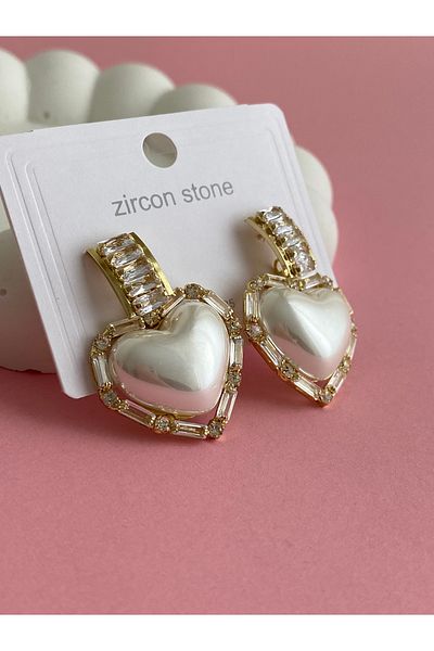acsesuaris Pearl Heart Detailed Gold Steel Earrings