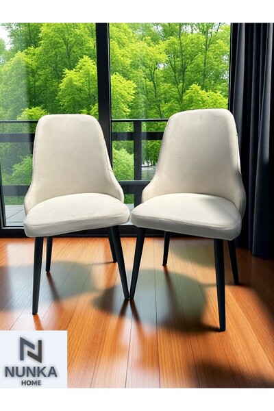 NUNKA HOME 2 li Modern Krem Babyface Kumaş Sandalye Siyah Ayaklı Şık Tasarım