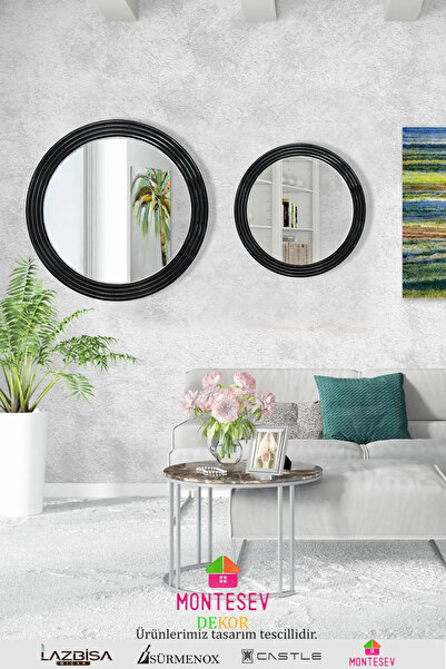 MONTESEV Zümrüt Ahşap Siyah Dekoratif Ayna Yuvarlak Ayna Işlemeli Duvar Aynası Ikili / 69 - 56 Cm