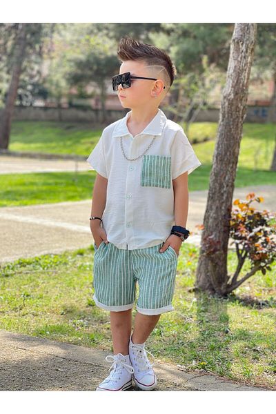 Yalçınoğlu Kids Costum de vară pentru băieți - Combinație cămașă + pantaloni scurți - Set cool de vară pentru băieți - țesătură elastică -