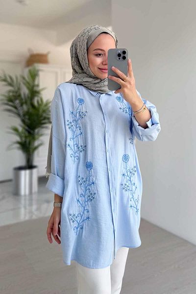 Ka Hijab Cămașă cu mărgele trandafir albastru