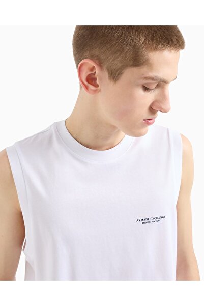 Armani Exchange Ανδρικό κοντομάνικο μπλουζάκι ποδηλάτου από βαμβακερό κείμενο AX Λευκό