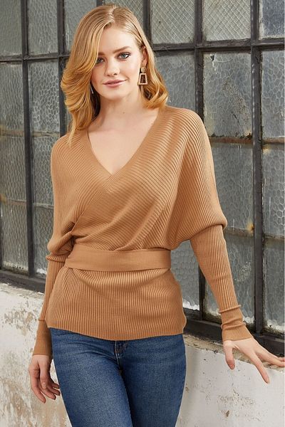 AQE FASHION Μπλούζα πουλόβερ Camel με μακριές ραβδώσεις με διπλό στήθος με μανίκια νυχτερίδας