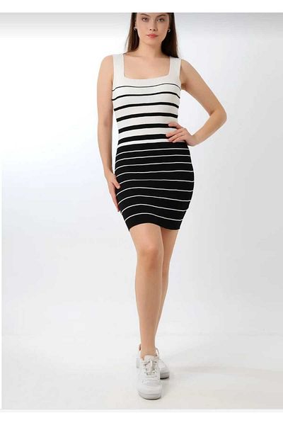 H&S STORE Fitted Thick Strap Square Neck Striped Seasonal Black Stylish and Comfortable Dress