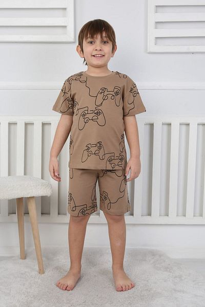 Yağmur Giyim İsob Brown 100% Cotton Boys Short Sleeve Shorts Suit 3-8 Years