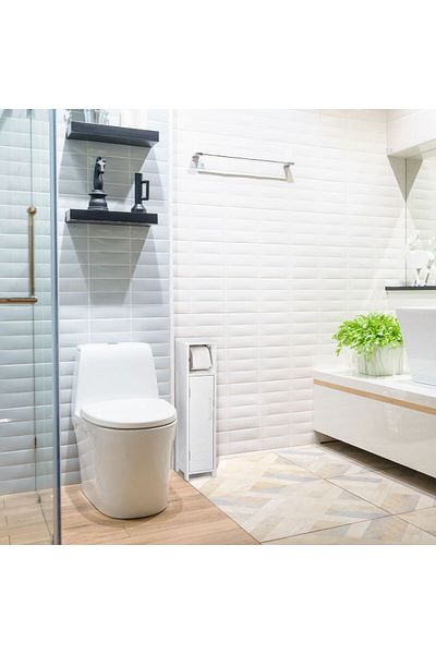 Relaxdays Dulap baie cu suport hartie igienica, 2 rafturi depozitare, MDF, 71 x 18 x 20 cm, alb
