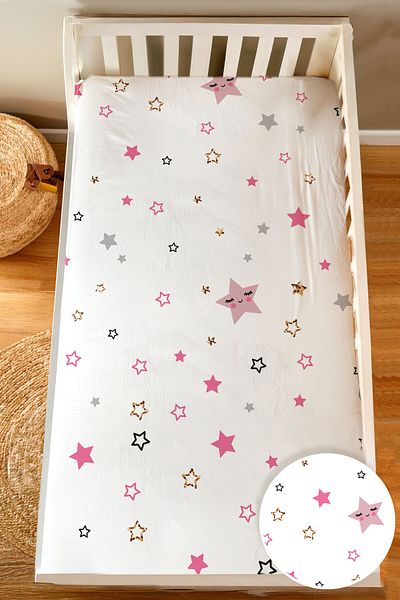 Homamia ملاءة سرير مونتيسوري قطن 100% (100x200 + 25 سم) نجوم وردية