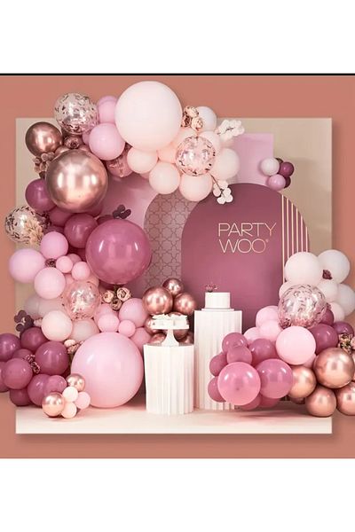Çemrek Süs Parti Wild Strawberry Pink Rose Chrome Transparent Sequin Balloon Chain Set Including 103 Jumbo Balloons