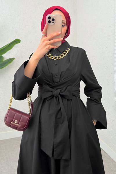 Salih Çelebi Rochie Hijab cu cravată în față 2534 - NEGRĂ