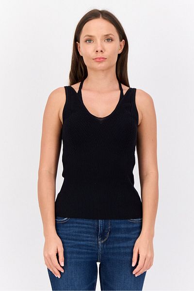 Esprit بلوزة نسائية بدون أكمام ذات رقبة على شكل حرف V، باللون الأسود