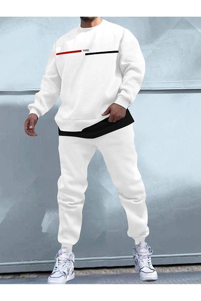 DUBU BUTİK Σετ φόρμας Paris Striped Sweatshirt Jogger - White Printed Oversize Rastered Crew Neck