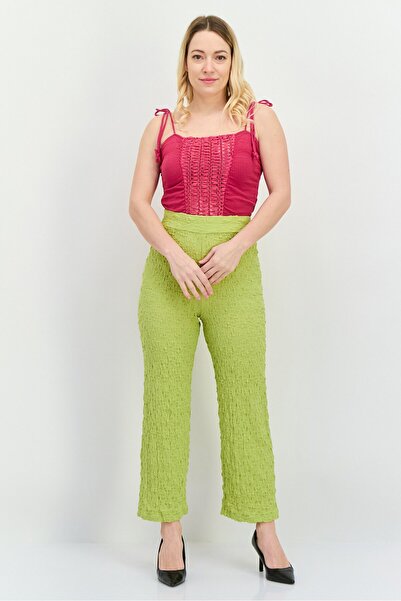 MANGO Woman Women Regular Fit Wide Leg Textured Palazzo Pants, Lime Green