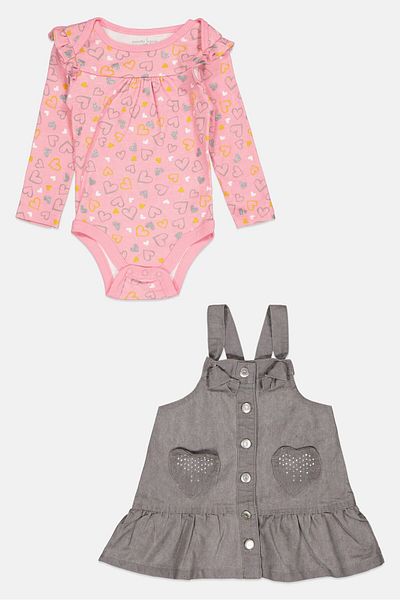 NANETTE LEPORE Toddlers Girl 2 Piece Allover Printed Bodysuit With Dress, Grey/pink