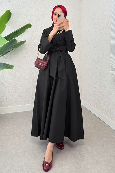 Salih Çelebi Rochie Hijab cu cravată în față 2534 - NEGRĂ