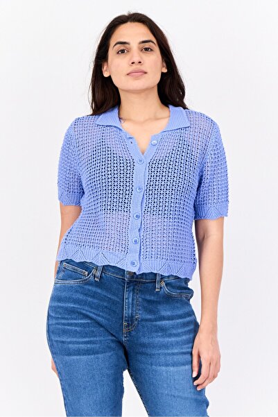 No Comment Women Spread Collar Short Sleeve Eyelet Shirts, Blue