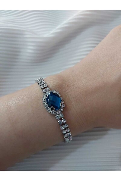 Avcıoğlu Aksesuar اسوارة نسائية حجر واحد بيضاوي موديل زركون كريستال حجر اسوارة مطلية بالفضة